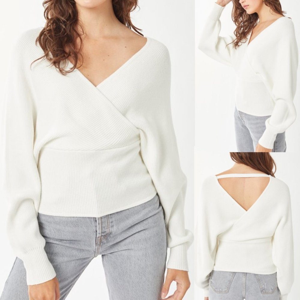 NEW White Wrap V Neck Dolman Sleeves Cozy Sweater - Picture 7 of 12